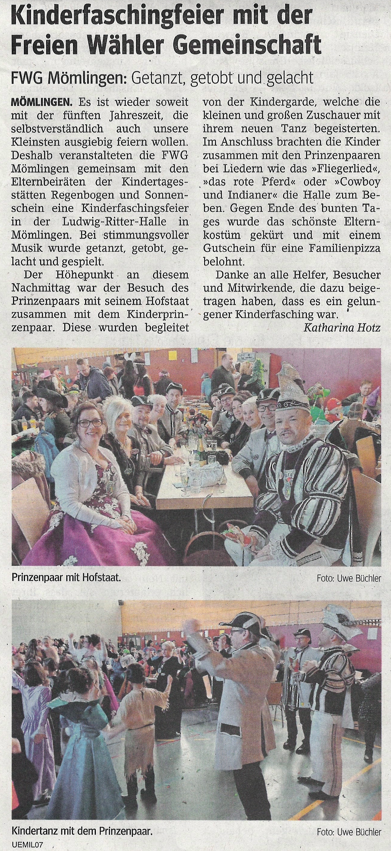 Zeitungsbericht Prinzenpaar beim Kinderfasching der FWG